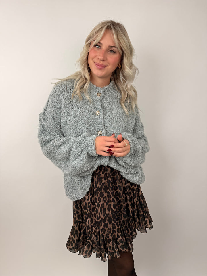 Kurzer Oversize Cardigan mit goldenen Manschettenknöpfen Claire (Teddystoff)