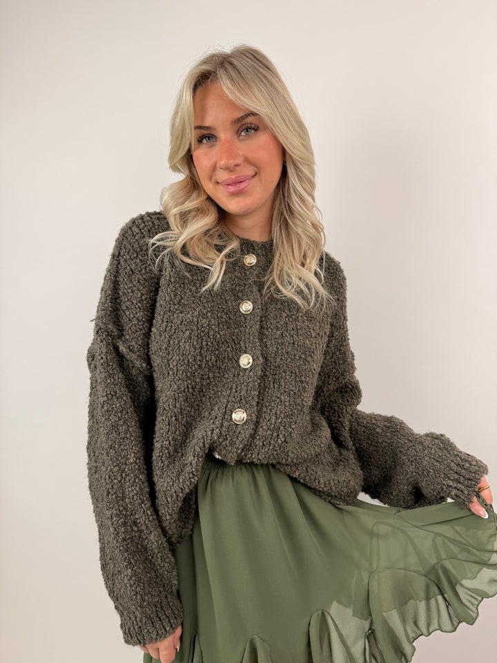 Kurzer Oversize Cardigan mit goldenen Manschettenknöpfen Claire (Teddystoff)